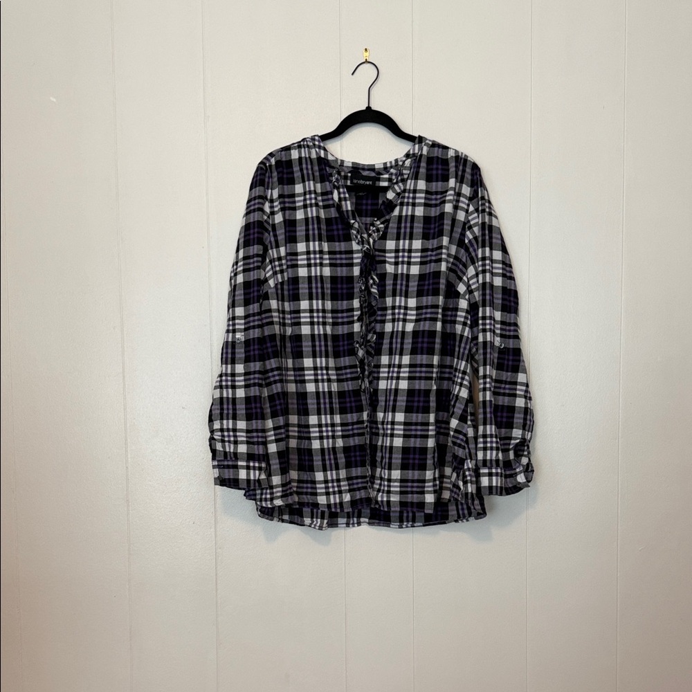 Lane Bryant Black, Purple and White Plaid Ruffle Front Blouse